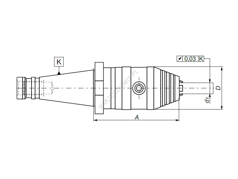 Rysunek techniczny: Oprawka z chw. DIN 2080 z uchwytem wiertarskim kluczykowym: T.7662 ISO40/FI16 102mm KOLNO